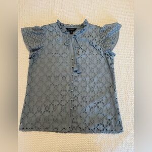 Lauren Ralph Lauren Blue Eyelet Tie-Neck Blouse